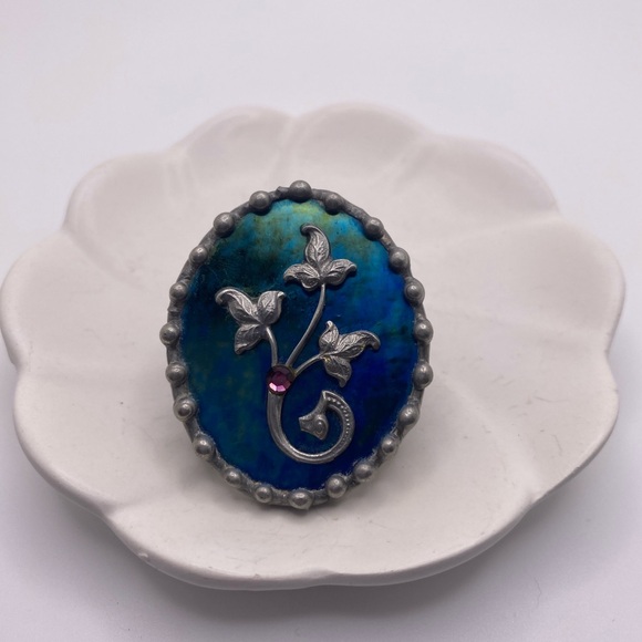 Unbranded Jewelry - Art Nouveau Pewter Brooch with Blue Green Iridescent Background Floral Scroll